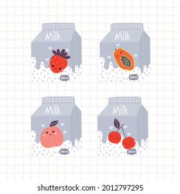 Set of cute cartoon fruit milk boxes. Kids trendy graphic. Vector hand drawn illustration.