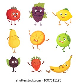 Set Of Cute Cartoon Fruit. Vector Illustration With Funny Characters. Funny Fresh Food Time.