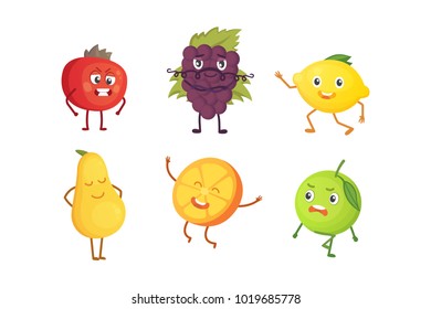 Set of cute cartoon fruit. Vector illustration with funny characters. Funny fresh food time.