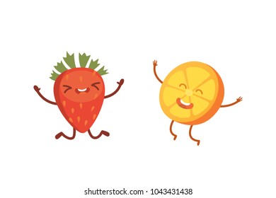 Set of cute cartoon fruit. Vector illustration with funny characters. Funny fresh food time.