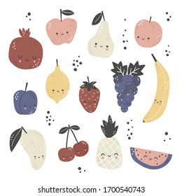 Set of cute cartoon fruits. Hand drawn organic fruits collection. Vegetarian food. Vector isolated in cartoon style