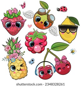 Conjunto de frutas de dibujos animados puros aisladas en un fondo blanco