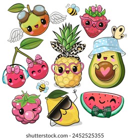 Set of Cute Cartoon Fruits isolated on a white background Handdrawn