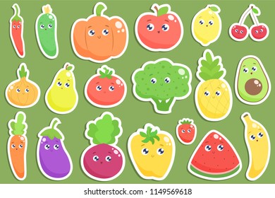 Set of cute cartoon fruits and vegetables stickers. Vector flat illustration.