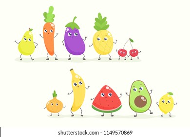 Set of cute cartoon fruits and vegetables. Vector flat illustration.