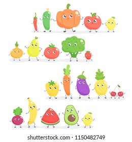 Set of cute cartoon fruits and vegetables. Vector flat illustration.