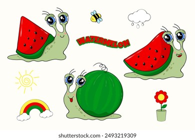set of cute cartoon funny cartoon characters snails and watermelon. collection of funny animals. vector illustration