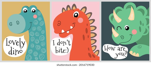 Set of cute cartoon funny dinosaurs with speech bubbles. Set of colorful hand drawn doodle flat cartoon vector illustrations