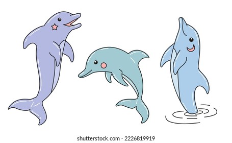 Set of cute cartoon funny dolphins. Hand drawn vector illustration isolated on white. 