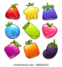 Set of cute cartoon funny fantastic fruits, vector game assets, isolated on white