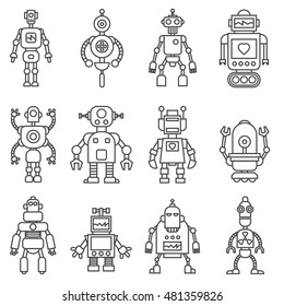 Set of cute cartoon funny retro robots in vintage hipster style. Vector illustration.