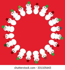 Set of cute cartoon funny snowman for winter design round frame for your text on red background. Vector