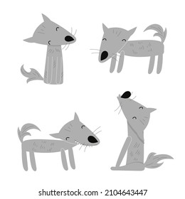 Set of cute cartoon funny wolfs. Simple grey wild dogs in flat scandinavian style. Vector illustration for kids book and room decorations. All elements isolated on white background.