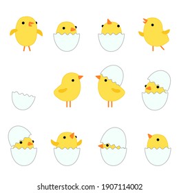 Set cute cartoon funny yellow chickens in different poses with eggshell. Vector illustration for  for Easter design isolated on white background.