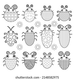 A set of cute cartoon garden beetles with colorful wings, designed in a simple flat graphic style.
