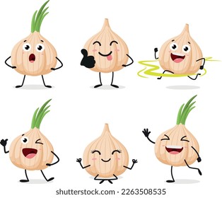 Set of cute cartoon garlic with different characters