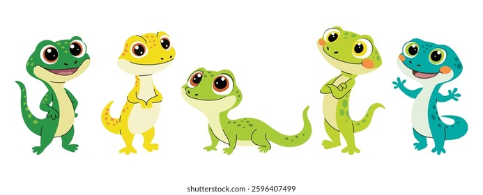 Set of cute cartoon gecko. Cute lizards with big eyes. Set of flat vector illustrations in children's style. Vector illustration on white background.