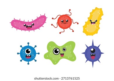 Set of Cute Cartoon Germs and Bacteria Characters. Suitable for clip art, stickers, flat design illustration, etc 