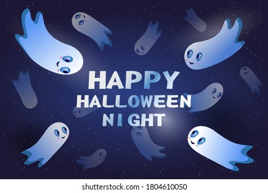 Set of cute cartoon ghosts in blue night. Happy Halloween.