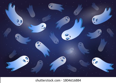 Set of cute cartoon ghosts in blue night. Happy Halloween.