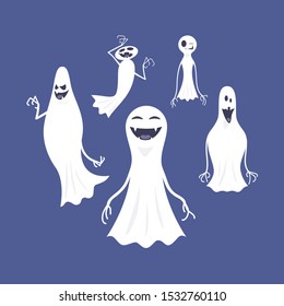 The set of cute cartoon ghosts in the flat style they smile and make faces the set is isolated on a blue background.