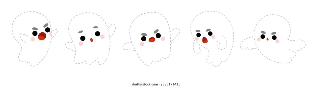 Conjunto de fantasmas de desenhos animados fofos.Conecte os pontos, jogo educativo para crianças. Conjunto de caracteres de Halloween
