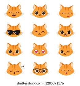 Set of cute cartoon ginger cat with various expressions. Vector set of kitty emojis