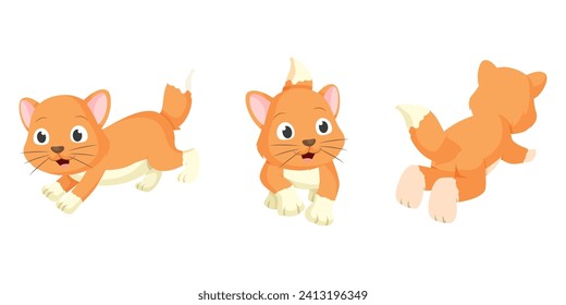 Set of Cute Cartoon Ginger Cat Running with Different Angles Front, Side and Back Vector Illustration