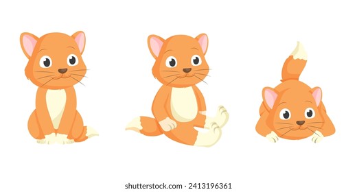 Set of Cute Cartoon Ginger Cat Sitting with Different Poses Vector Illustration