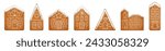 Set of cute cartoon gingerbread houses with icing glazed roofs. Vintage ginger bread town isolated on white background. Christmas fantasy city made of cookies. New Year sweets. Vector illustration.