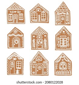 Set of cute cartoon gingerbread houses. Festive homemade Christmas cookies. Vector illustration.