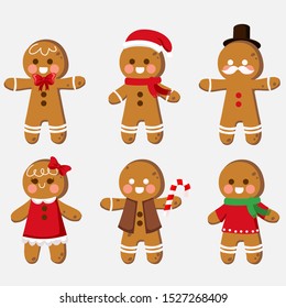 Set Of Cute Cartoon Gingerbread Man Cookies Clip-art. Christmas Vector Illustration.