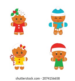 Set of cute cartoon gingerbread man cookies. Christmas theme. Vector illustration for children's decor, stickers, decorations, decorating a children's room