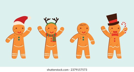  Set of cute cartoon gingerbread man cookies. Christmas cartoon characters Vector illustration isolated