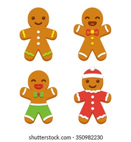 Set Of Cute Cartoon Gingerbread Man Cookies. Christmas Vector Illustration.