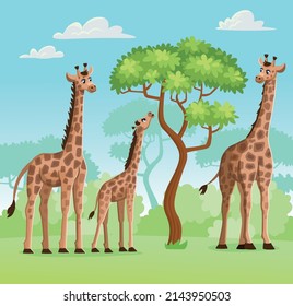 Set of cute cartoon giraffe. Giraffe eating leaves. Animals of Africa. Vector cartoon illustration.