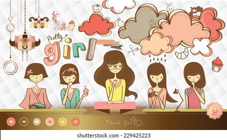 Set of Cute Cartoon Girl Drawing with creative background decoration