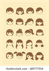 Set of cute cartoon girl face with different hairstyle