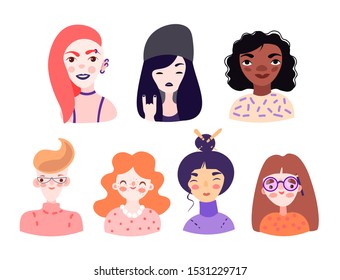 Set of cute cartoon girl portraits isolated on white. Different woman looks - nerd, gothic girl, redhead with freckles, japanesse, African American cute avatar illustrations