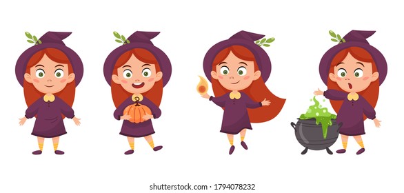 Set of cute cartoon girl witch. Halloween design. Vector illustration isolated on a white background.