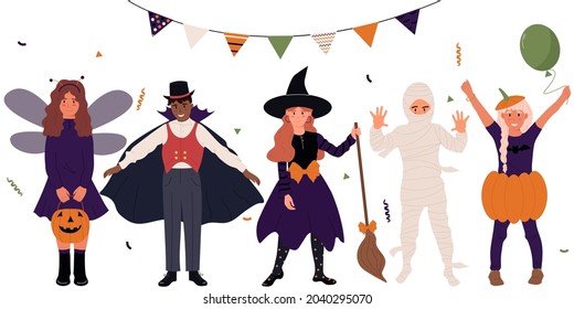 Set of cute cartoon girls and boys dressed in costumes for a Halloween party.Halloween Kids.Happy Halloween concept. Colorful Flat vector illustration isolated on white background.Eps10