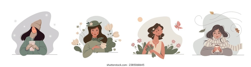 Conjunto de lindas niñas de dibujos animados en diferentes temporadas. Agradables mujeres en invierno, otoño, primavera y verano. Ilustraciones vectoriales.