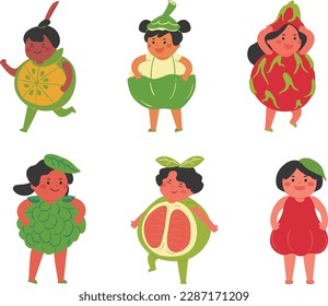 Set of cute cartoon girls with exotic fruits. Vector illustration isolated on white background.