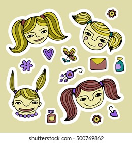 Set of cute cartoon girl's faces. Colorful vector illustration.