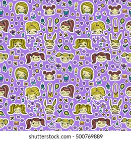 Set of cute cartoon girl's faces.Colorful vector seamless pattern.