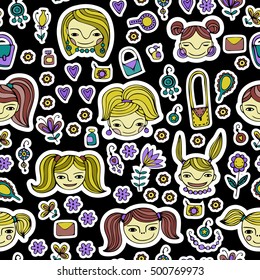 Set of cute cartoon girl's faces.Colorful vector seamless pattern.