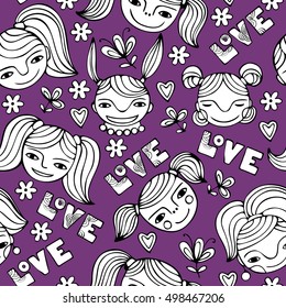 Set of cute cartoon girl's faces.Monochrome vector seamless pattern.