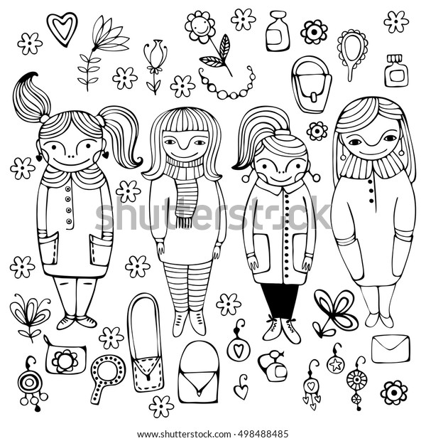 Set Cute Cartoon Girls Monochrome Vector Vector De Stock Libre De Regalías 498488485 