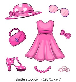 Set de adorables dibujos animados chicas ropa rosa y accesorios. Ilustración vectorial aislada en blanco.