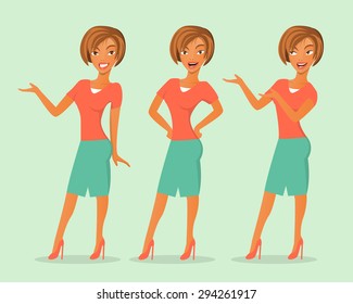 Set of cute cartoon girls in various positions. Vector illustration